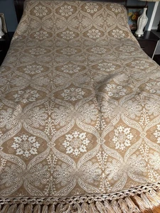 Vintage Wende Jacquard Tagesdecke 102x76 hellbraun weiß Blumen Fransen Decke - Bild 1 von 15