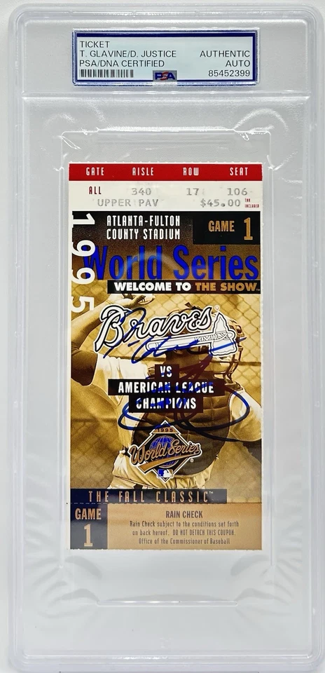 Tom Glavine & David Justice Signed 1995 World Series Game 1 Ticket Stub PSA/DNA - Image 1 of 3