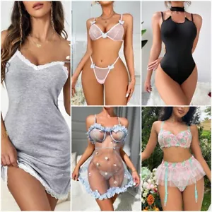 Women Sexy Lingerie Nightwear V-Neck Babydoll Sheer Chemise Teddy Dress Bra Set - Picture 1 of 16