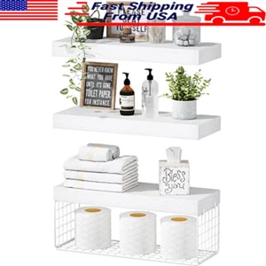 Wall Mounted Floating Bathroom Shelves Set 3 Toilet Paper Storage Extra Basket - Picture 1 of 7