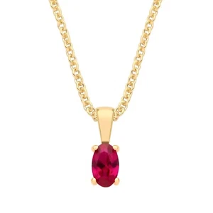 9ct Yellow Gold Created Ruby Oval Solitaire Pendant July Birthstone + 18" Chain - Picture 1 of 7