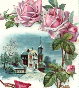C1890 Large Victorian Pink Rose Winter Church Reward Merit Trade Card Gibson Art - Picture 1 of 3