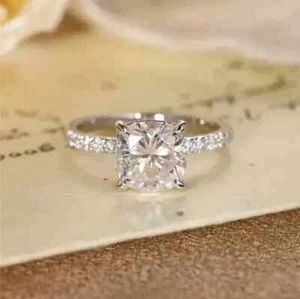1.50 CT Cushion Cut Moissanite Solitaire Engagement Rings 14K White Gold Plated - Picture 1 of 6