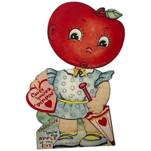 Vintage Mechanical Valentines Day Card Anthropomorphic Pippin Apple Girl 5-1/2" - Picture 1 of 5