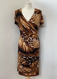 RONNI NICOLE Black Brown Animal Print Midi Length Faux Wrap Dress Size 10 - Picture 1 of 9