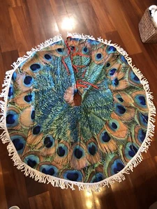 48 inch Peacock Feather Circle Christmas Tree Skirt With Fringe Edge - Picture 1 of 5