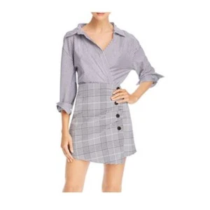 Neu $ 88 Aqua Streifen & kariert Surplice Mantel Kleid langarm XS grau weiß neu mit Etikett - Bild 1 von 4