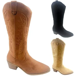 LADIES WOMENS WESTERN MID CALF FAUX SUEDE ZIP UP POINTY COWBOY BOOTS SHOES SIZE - Picture 1 of 26