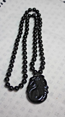 RARE FIND 1960'S BLACK ONYX PENDANT PEAR BLACK BEADED NECKLACE - Image 1 of 3
