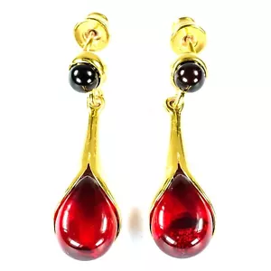 Orecchini a goccia Designer Argento Sterling Placcati Oro Solido 925 Ambra Rossa - Foto 1 di 4