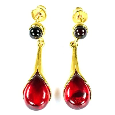 925 Solid Gold Plated Sterling Silver Red Amber Designer Pretty Drop Earrings - Image 1 of 4