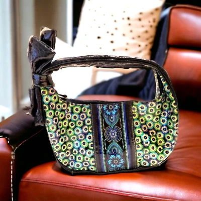 Vera Bradley Volantes Azul Verde Floral Lazo Bolso de Mano Hobo Bolso Cartera Vinilo Cremallera Foto 1 de 4
