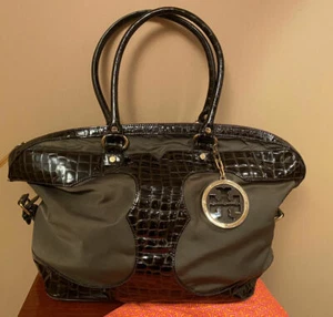 Tory Burch Crocodile Chocolate Brown Nylon &  Embossed Patent Leather Bag - Picture 1 of 7