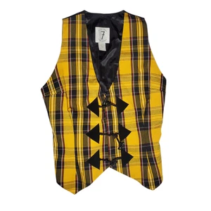 Chaleco chaleco Todd Oldham Times Seven de colección para hombre S amarillo a cuadros cierre de palanca - Imagen 1 de 6