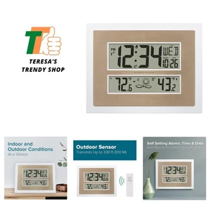 Elegant Atomic Digital Wall Clock with Temperature & Forecast - White/Champagne - Picture 1 of 9