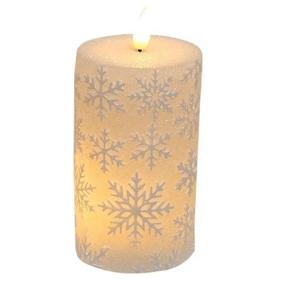 NEW Primitive TIMER PILLAR CANDLE WINTER SNOWFLAKES CHIC SPARKLING WHITE 5"Hx3"D - Image 1 of 2