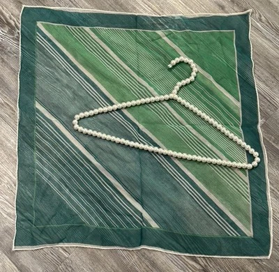 VTG Green/White Diagonal Striped 100% Silk Hand Rolled Framed Square Scarf 22” - Image 1 of 4