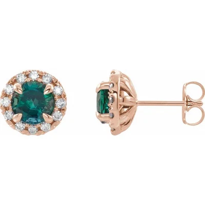 6 毫米实验室种植的 Alexandrite & 1/3 CT 钻石耳环 14K 玫瑰金 — 第 1/2 张图片