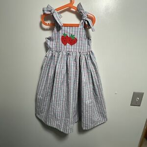 KELLY'S KIDS Strawberry Applique Red Blue Green Check Dress Size 6X Seersucker
