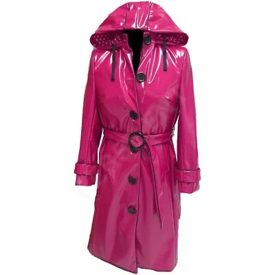 Women's PVC Leather Trench Vinyl Shiny Light Weighted Raincoat Hood Trench Coats - Image 1 of 4