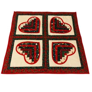 Handmade Patchwork Table Topper Mini Quilt Christmas Red Hearts - 24.5 x 24.5 - Picture 1 of 11