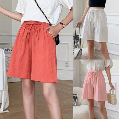 Summer Womens Cotton Linen Shorts Elastic Waist Wide Leg Casual  Loose Pants - Image 1 of 4