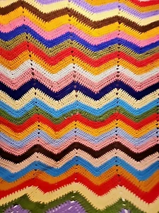 Vtg Crochet Blanket Rainbow Bed Afghan Knit 65x70 Handmade Chevron - Picture 1 of 5
