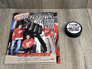 Larry Murphy 55 / Mickey Redmond 20 Signed Red Wings Hockey Puck And Magazine