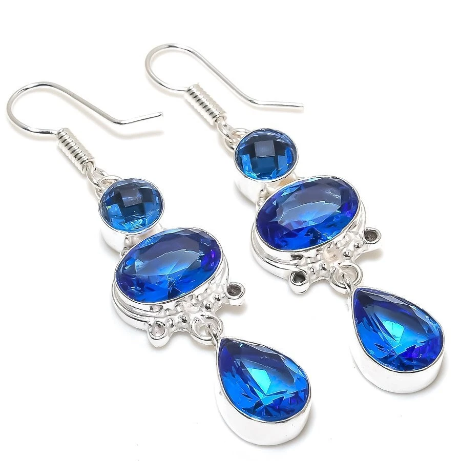 Blue Tanzanite Gemstone Handmade 925 Sterling Silver Jewelry  Earring Sz 2.3" - Image 1 of 1