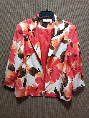 Alfred Dunner Blazer 女式 14 橙色花卉工作办公室休闲夹克沿海 — 第 1/4 张图片