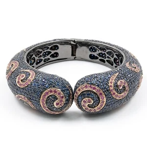 44.05ct Natural Ruby & Blue Sapphire 925 Sterling Sliver Bangle in Black Rhodium - Picture 1 of 8