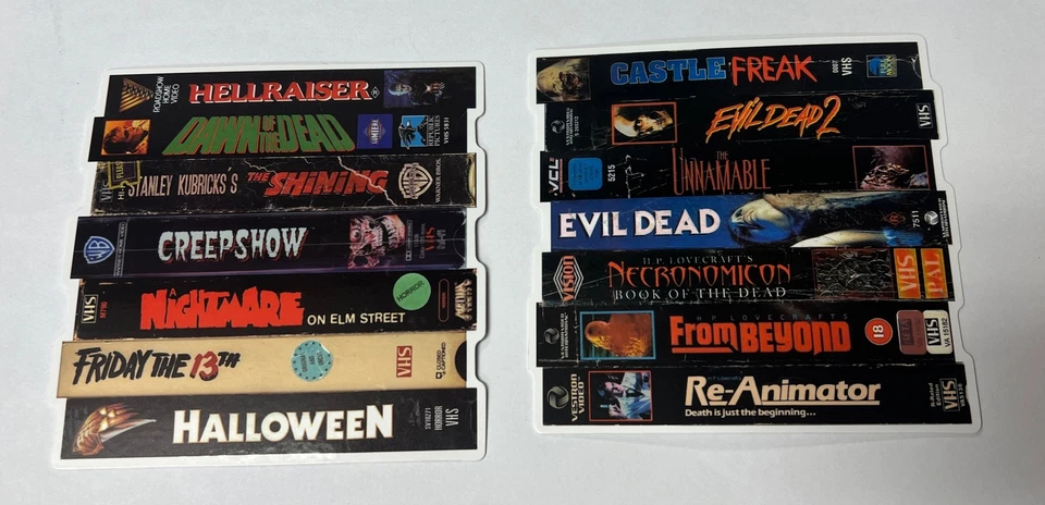 Set Of 2 1980s Horror VHS Stack Sticker Halloween Evil Dead HP Lovecraft Shinin - Image 1 of 4