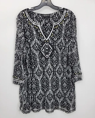 INC International Concepts Top Womens Plus 3X Black Batik Beaded Artsy Tunic - Image 1 of 4