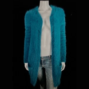 80 % Angora flauschige THEORY türkisblau vorne offen Staubtuch Cardigan Pullover 30 in Brustweite - Bild 1 von 9