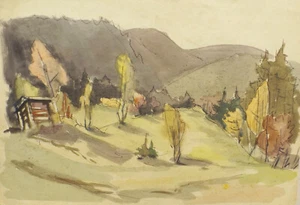 " Dämmerung im Schwarzwald"Aqua /Mischtechnik zuschr. Sepp Wurster - Bild 1 von 2