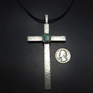 SIGNED Hammered Sterling Silver and TURQUOISE Cabochon CROSS PENDANT 4.75" Long - Picture 1 of 19