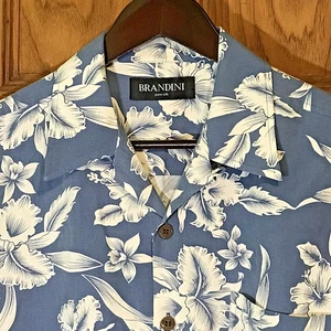 Brandini Reine Seide Hawaiihemd Herren M Blau Weiß Orchidee Blumen SS Top Loop - Bild 1 von 12