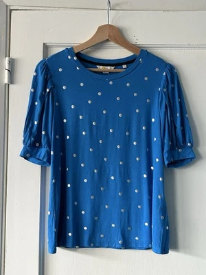 T-shirt Boden blu con pois argento manica a sbuffo taglia 12 - Immagine 1 di 4