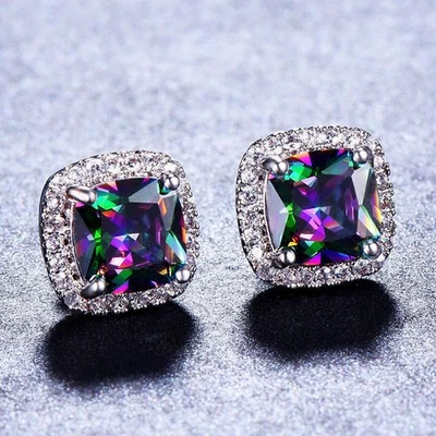 Aretes Mystic chapados en plata corte redondo topacio arco iris regalo para mujer Foto 1 de 4