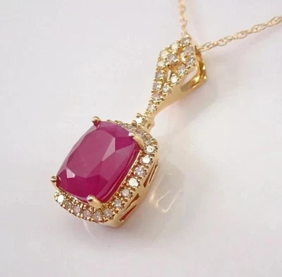 Lab-Created Red Ruby 3.20Ct Cushion Cut Halo Pendant 14K Yellow Gold Plated - Image 1 of 4