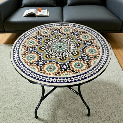 Rustic Handmade Moroccan Mosaic Table, Multicolor Zellij Round Coffee Table - Image 1 of 4