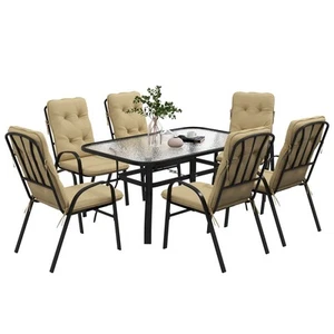 Outsunny 7 PCs Garden Dining Set w/ Umbrella Hole & Cushion, Beige - Picture 1 of 11