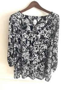 Cocomo Plus Size 2X Liquid Knit Black White Floral Print 3/4 Sleeve Top - Picture 1 of 6