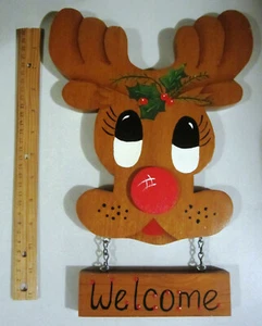 Vintage 1986 Wooden Reindeer Welcome Sign Hand Painted and Signed by Painter - Picture 1 of 2