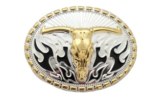 Men Women Belt Buckle Silver Metal Western Fashion Gold Bull Skull Horn Flames - Picture 1 of 8