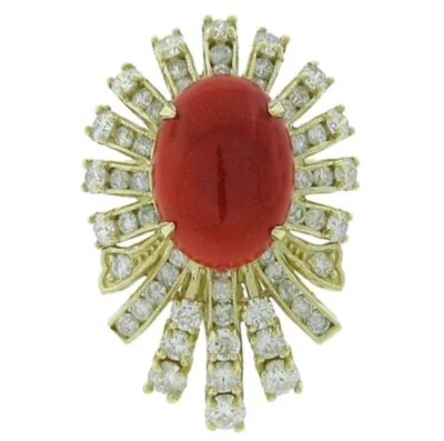 Italiano Coral Anillo con Diamante 14K Oro Amarillo 8.81 Ctw Certificado Natural - Imagen 1 de 3