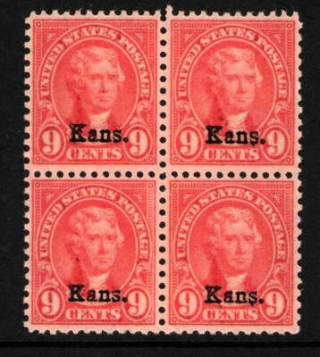 1929 US SC 667 9c Light Rose, Jefferson - Kansas Overprint, Block of 4 MNH VF/XF - Image 1 of 3