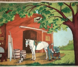 Vintage Hand Colored Blacksmith Scene on Felt 26”x19” Read Description - Picture 1 of 17