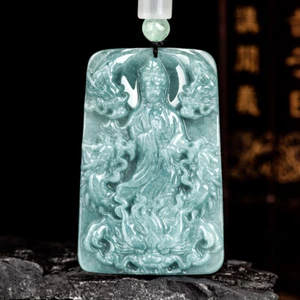 Real Grade A 100% Natural Blue Jade Jadeite Lucky Kwan-Yin Dragon Pendant - Picture 1 of 5