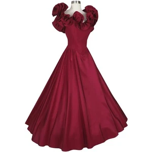 Vintage 80s Burgundy Ruffle Full Skirt Maxi Prom Gown Ballgown Party Dress S - Picture 1 of 10